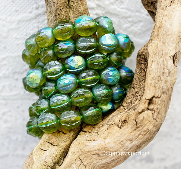 10mm Faceted Peridot AB Czech Melon Round - 6 Pieces - 3786R