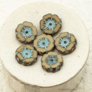 12mm czech flower beads beige picasso with turquoise
