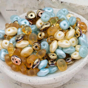 2.5x5mm Czech Superduo beads in turquoise, cream, amber, and soft summer sandal tones