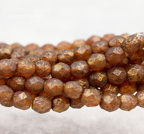 6mm Crystal Stone Copper Picasso Czech Fire Polish Round - 25 Pieces - 442