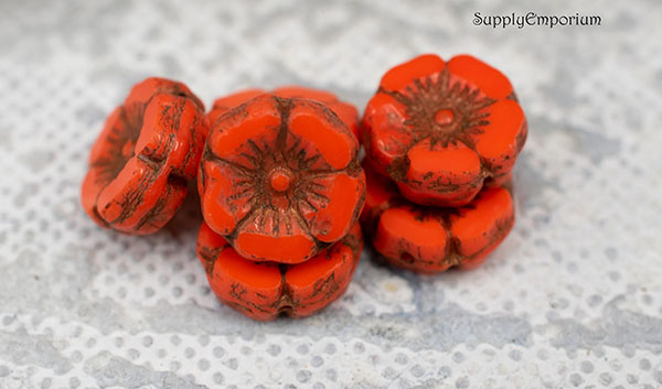 12mm Bright Orange Opaque Dark Bronze Czech Flower - 6 pieces - 4489R