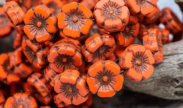 12mm Bright Orange Opaque Dark Bronze Czech Flower - 6 pieces - 4489R - Image 4