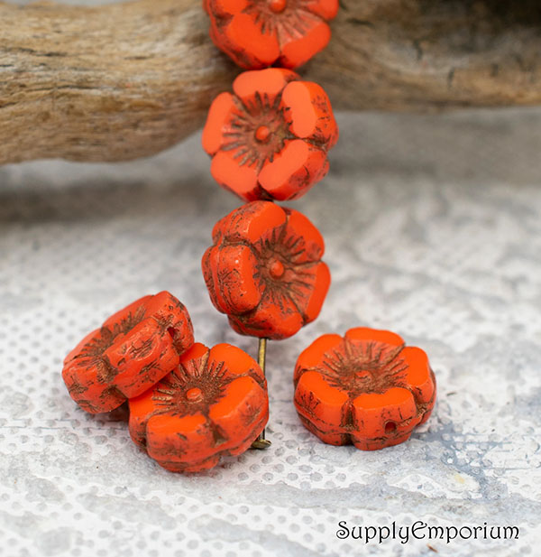 12mm Bright Orange Opaque Dark Bronze Czech Flower - 6 pieces - 4489R - Image 3