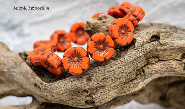 12mm Bright Orange Opaque Dark Bronze Czech Flower - 6 pieces - 4489R - Image 2
