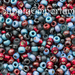 6/0 seed bead mix in red, blue, gray, black, and earthy western tones with a rustic rodeo inspired palette