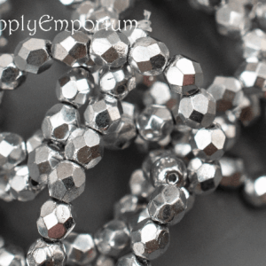4mm czech fire polish round silver beads