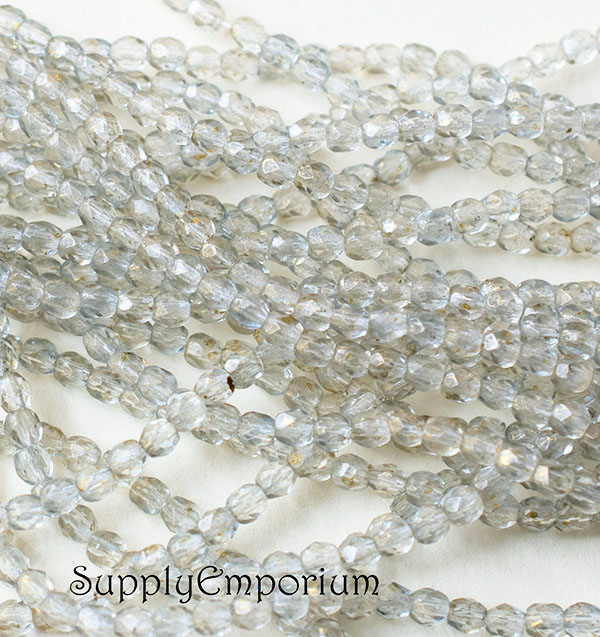 3mm Gold Marbled Lt Sapphire Czech Fire Polish Round - 50 pieces - 4814R - Image 3