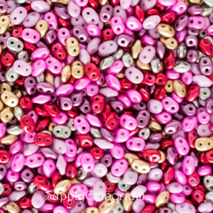 2.5x5mm SuperDuo bead mix in bright pink, magenta, coral, white, and metallic tones with a vibrant romantic palette