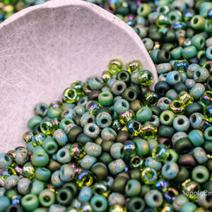 6/0 Miyuki seed bead mix in forest meadow colors featuring green, moss, olive, and earthy tones