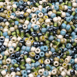 11/0 Miyuki seed beads in earthy blue, green, tan, and natural lake-inspired tones