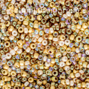 8/0 seed bead mix in cream, ivory, caramel, gold, and warm toasted brown tones with a cozy neutral palette