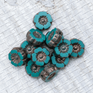 9mm Czech Flower Beads Opaque Green Turquoise with Bronze