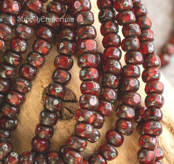 4x3mm Ruby Red Picasso Czech Glass Trica - 50 pieces - 5220R