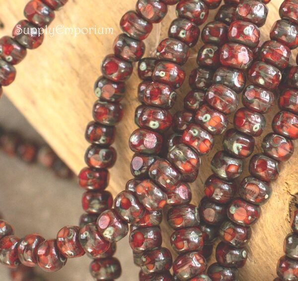 4x3mm Ruby Red Picasso Czech Glass Trica - 50 pieces - 5220R - Image 3