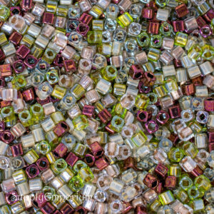 3mm Toho cube bead mix in pink, green, cream, gold, and multicolor tones with a playful and vibrant palette