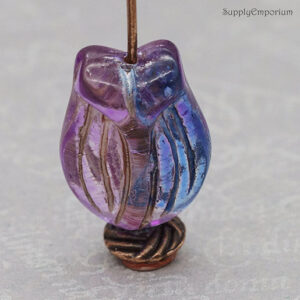 fuchsia sapphire Czech tulip beads 16x11mm floral glass beads with metallic wash