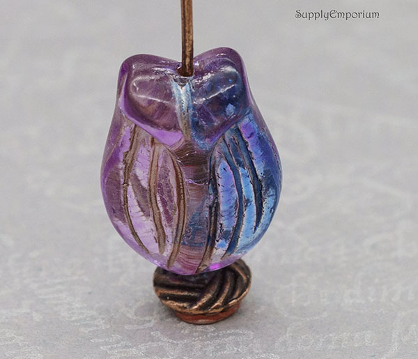 fuchsia sapphire Czech tulip beads 16x11mm floral glass beads with metallic wash