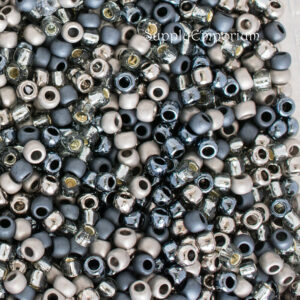 8/0 Toho seed bead mix in silver, gray, gunmetal, black, and metallic tones with a sleek industrial palette