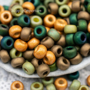 6/0 Miyuki seed beads in woodland forest tones of green, tan, brown, and earthy natural colors