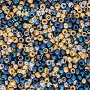 8/0 Miyuki seed bead mix in blue, gold, bronze, cream, and metallic tones with a rich western-inspired palette