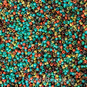11/0 seed bead mix in turquoise, rust, orange, brown, and earthy southwestern tones with a vibrant desert palette
