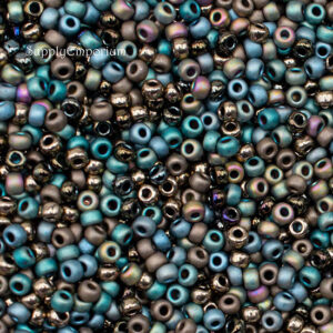 6/0 Miyuki seed bead mix in metallic tones of teal, bronze, gunmetal, and iridescent blue with a reflective finish