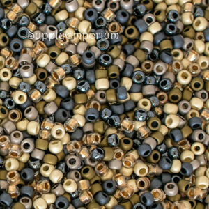 8/0 Toho seed bead mix in denim blue, khaki, tan, gray, and earthy neutral tones