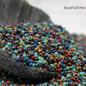11/0 Miyuki seed bead mix in turquoise, coral, cream, brown, and earthy tones with a Mediterranean inspired palette
