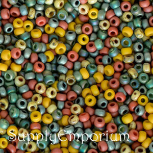 11/0 Miyuki seed bead mix in yellow, orange, green, red, and earthy tones with a rustic calico inspired palette