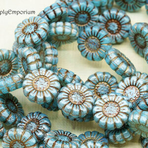 13mm denim blue silk Czech sunflower beads with dark bronze wash