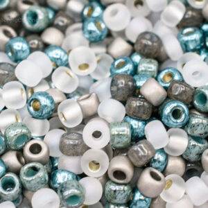 8/0 seed bead mix in dolphins cove colors featuring turquoise, white, gray, and earthy tones