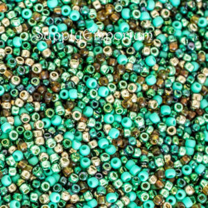 11/0 Toho seed bead mix in teal, turquoise, seafoam green, bronze, and ocean blue tones with a coastal palette