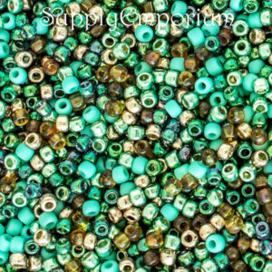 8/0 seed bead mix in ocean tones of turquoise, teal, seafoam green, bronze, and earthy coastal colors