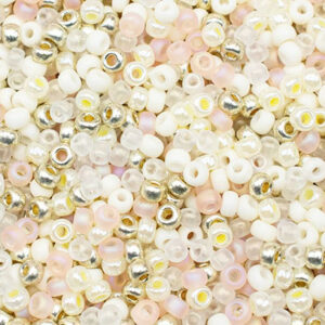 6/0 seed bead mix in bridal tones featuring white, ivory, cream, and soft iridescent finishes