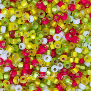 5/0 Miyuki seed bead mix in bright cherry red, lime green, yellow, and white tones with a vibrant glossy finish