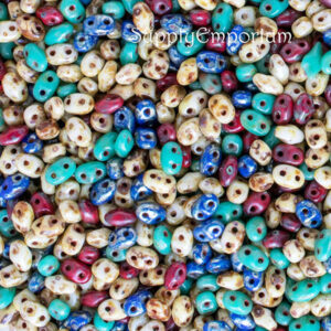 2x4mm Czech MiniDuo bead mix in Mediterranean colors of turquoise, blue, coral, cream, and earthy tones