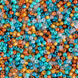 8/0 Toho seed bead mix in mermaid colors of turquoise, aqua, orange, and bright coastal tones
