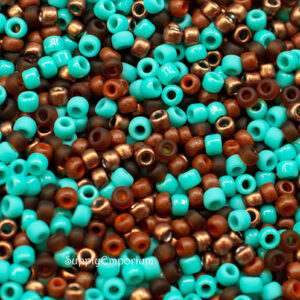 8/0 seed bead mix in earthy turquoise colors featuring teal, brown, copper, and rustic tones