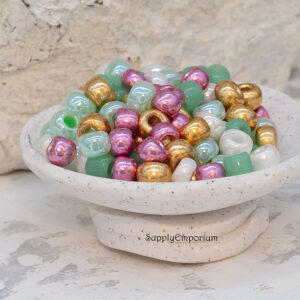 6/0 mixed brand seed beads in pastel pink, mint green, yellow, and soft garden tones