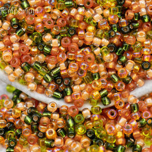 11/0 seed bead mix in coral, rose, peach, gold, and warm floral tones