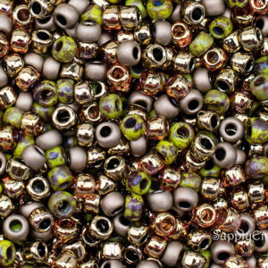 8/0 seed bead mix in tarnished metallic tones including bronze, brown, gold, and muted earthy hues