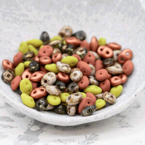 2.5x5mm SuperDuo beads in earthy tones of green, rust, tan, and brown