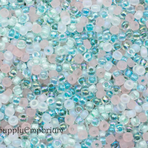 8/0 seed bead mix in beach glass colors featuring soft blue, aqua, white, and frosted sea tones