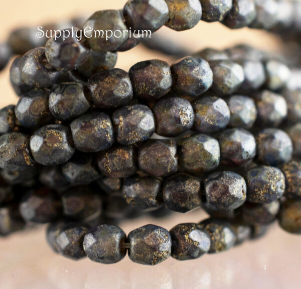 3mm Etched Charcoal Picasso Czech Fire Polish Round - 50 Pieces - 6707