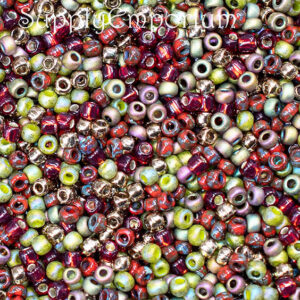 11/0 seed bead mix in vibrant floral tones of pink, red, yellow, green, and earthy accents