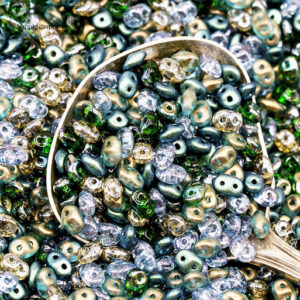 2.5x5mm Superduo bead mix in earthy green, cream, and metallic tones with organic and natural variation