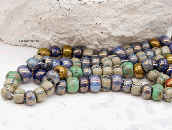 2/0 Aged Green Velvet Striped Picasso Mix Czech Seed Bead - Quantity: 37 Pieces - 744R - Image 4