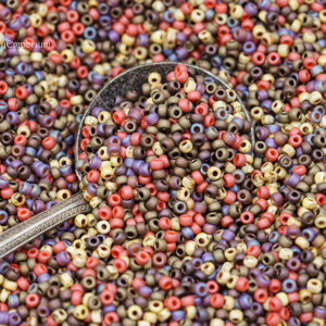 11/0 Miyuki seed bead mix in autumn tones including mustard yellow, rust orange, olive green, and earthy browns