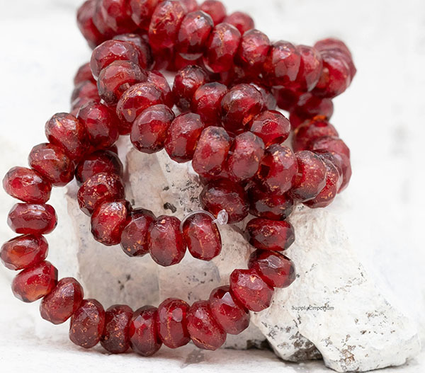 6x9mm Etched Ruby w/Copper Czech Roller Bead - 12 pieces - 7481ROC14