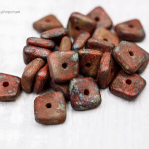 4x10mm opaque red stone Picasso wavy Czech square beads red brown textured glass beads